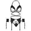 LEG AVENUE SET CUATRO PIEZAS SUJETADOR, LIGUERO, TANGA Y PUÑOS TALLA UNICA - NEGRO