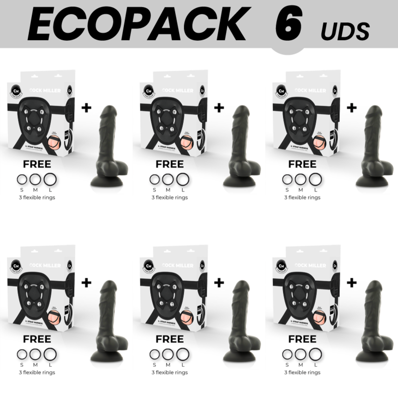 ECOPACK 6 UNITS - COCK MILLER HARNESS + DILDO SILICONE DENSITY ARTICULABLE BLACK COCKSIL 13 CM