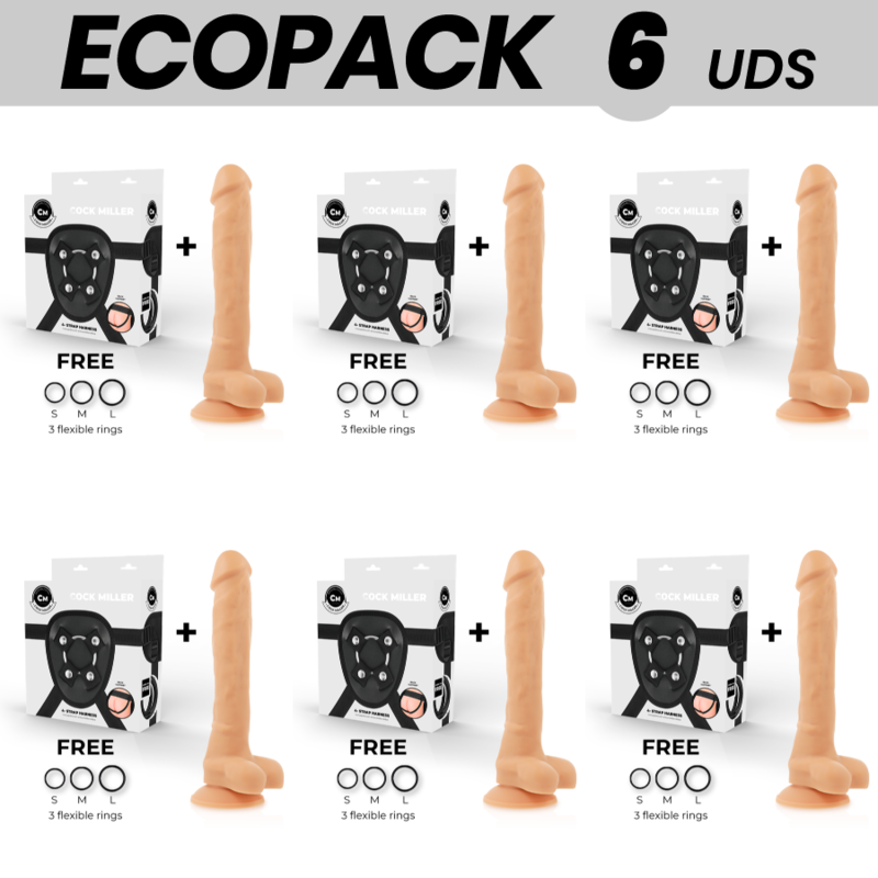 ECOPACK 6 UNITS - COCK MILLER HARNESS + SILICONE DENSITY ARTICULABLE COCKSIL 24 CM