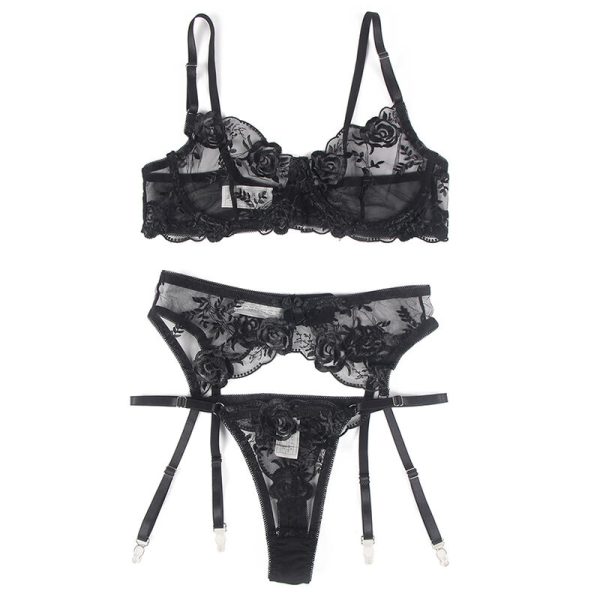 SUBBLIME - SET DE 3 PIEZAS SUJETADOR + TANGA + LIGA ESTAMPADO FLORAL NEGRO S/M - Image 5