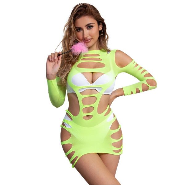 SUBBLIME - 952280 GREEN LONG SLEEVE ELASTIC FISHNET DRESS ONE SIZE - Image 4