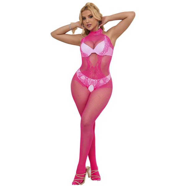 SUBBLIME - 952389 FISHNET AND LACE CROTCHLESS BODYSTOCKING WITH HIGH NECK PINK ONE SIZE - Image 4