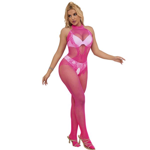 SUBBLIME - 952389 FISHNET AND LACE CROTCHLESS BODYSTOCKING WITH HIGH NECK PINK ONE SIZE - Image 5