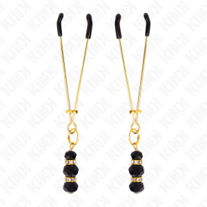 KINK - GOLD THIN NIPPLE CLAMPS WITH 3 BLACK GLASS BEADS 7 CM