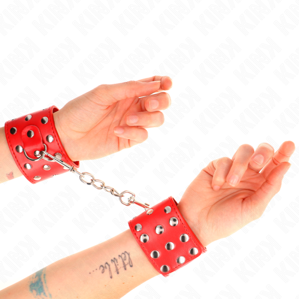 KINK - WRIST RESTRAINTS WITH SNAP FASTEN FULL OF RIVETS RED ADJUSTABLE 19-24 CM X 5.5 CM - Image 4