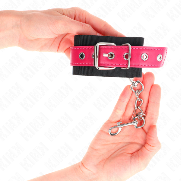 KINK - NYLON WRIST RESTRAINTS BLACK WITH LEATHERETTE BELT RASPBERRY ROSE ADJUSTABLE 19-29 CM X 5.1 CM - Image 3