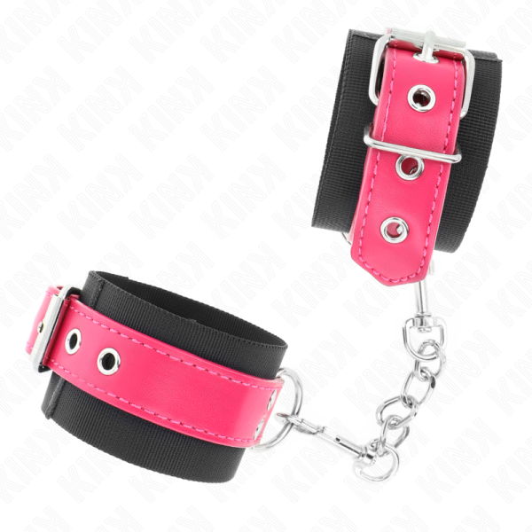 KINK - NYLON WRIST RESTRAINTS BLACK WITH LEATHERETTE BELT RASPBERRY ROSE ADJUSTABLE 19-29 CM X 5.1 CM - Image 2