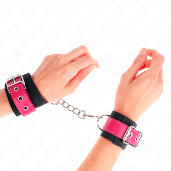 KINK - NYLON WRIST RESTRAINTS BLACK WITH LEATHERETTE BELT RASPBERRY ROSE ADJUSTABLE 19-29 CM X 5.1 CM - Image 4