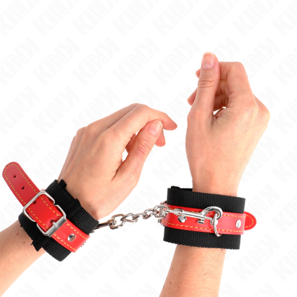 KINK - NYLON WRIST RESTRAINTS BLACK WITH LEATHERETTE RED ADJUSTABLE 19-24 CM X 5.5 CM - Image 4