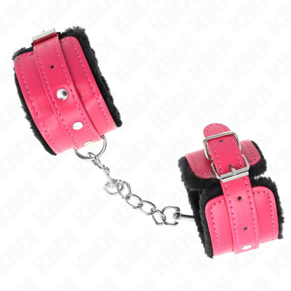KINK - PREMIUM FUR LINED WRIST RESTRAINTS BLACK WITH RASPBERRY ROSE BELT ADJUSTABLE 17-29 CM X 6 CM - Image 2