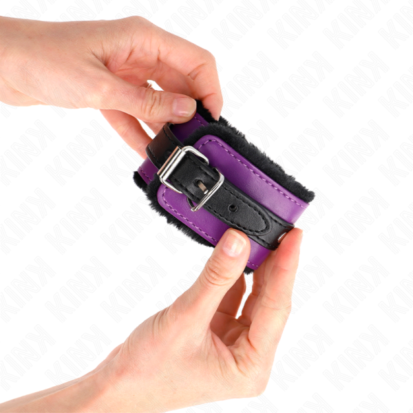 KINK - PREMIUM FUR LINED WRIST RESTRAINTS BLACK WITH PURPLE / BLACK BELT ADJUSTABLE 17-29 CM X 6 CM - Image 3