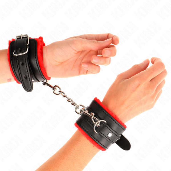 KINK - PREMIUM FUR LINED WRIST RESTRAINTS RED WITH BLACK BELT ADJUSTABLE 17-29 CM X 6 CM - Image 3