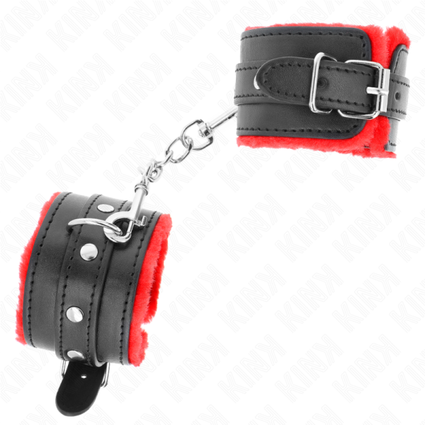 KINK - PREMIUM FUR LINED WRIST RESTRAINTS RED WITH BLACK BELT ADJUSTABLE 17-29 CM X 6 CM - Image 2