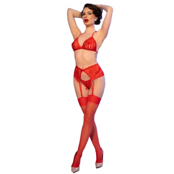 CHILIROSE - CR 4848 SET SUJETADOR + TANGA + MEDIAS DE ENCAJE ROJO S - Image 4