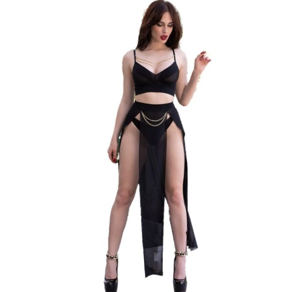 CHILIROSE - CR 4672 TOP NEGRO FALDA Y TANGA CON CADENAS DORADAS S - Image 2
