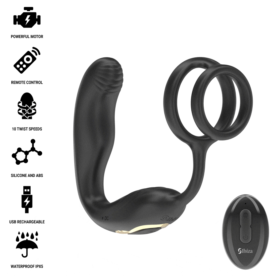 IBIZA - WIGGLE REMOTE CONTROLLED ROTATING ANAL PLUG WITH PERINEAL VIBRATION AND PENIS ENHANCING RINGS