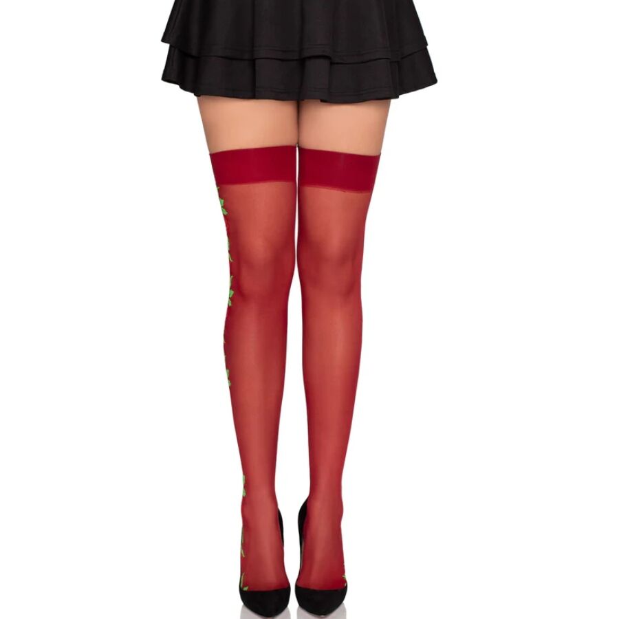 LEG AVENUE - 1957 GARTER BELT STOCKINGS WITH RED FLOWERS - ONE SIZE